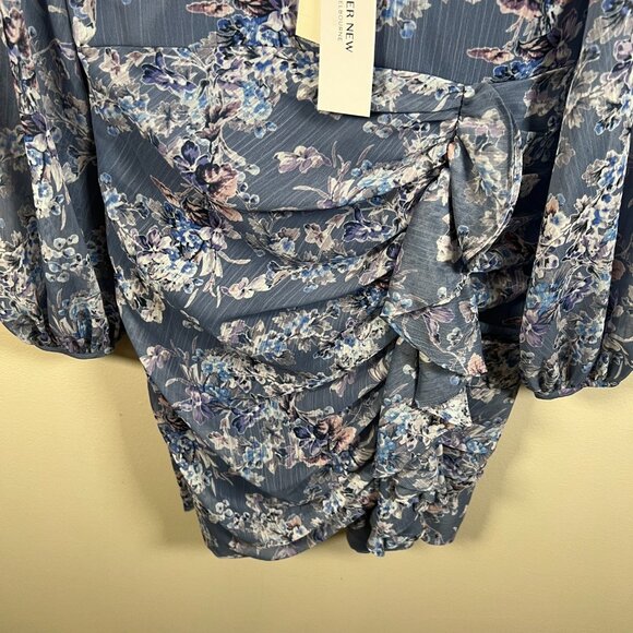 Ever New Tassa Floral Mini Dress Size 2 Blue Ruched Feminine Flirty Wedding - Picture 9 of 13